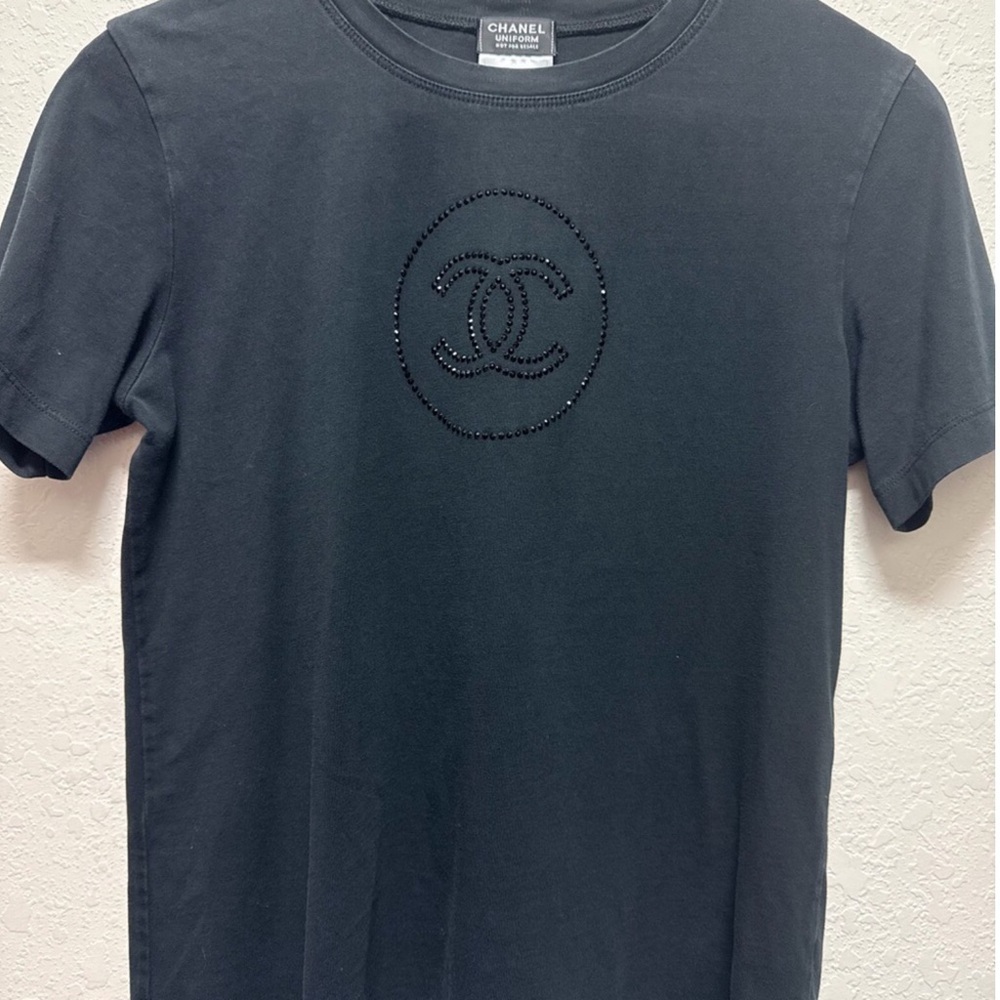 Authentic CHANEL Black Short Sleeve uniform T-Shirt with Embellished CC Logo